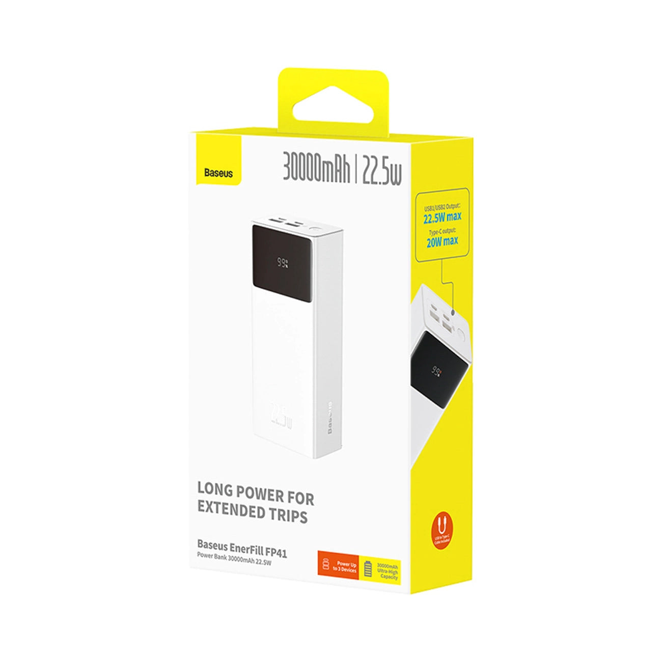 Baseus EnerFill FP41 30000mAh 22.5W Powerbank with Baseus Simple USB-A - USB-C 3A 30cm Cable - White_6