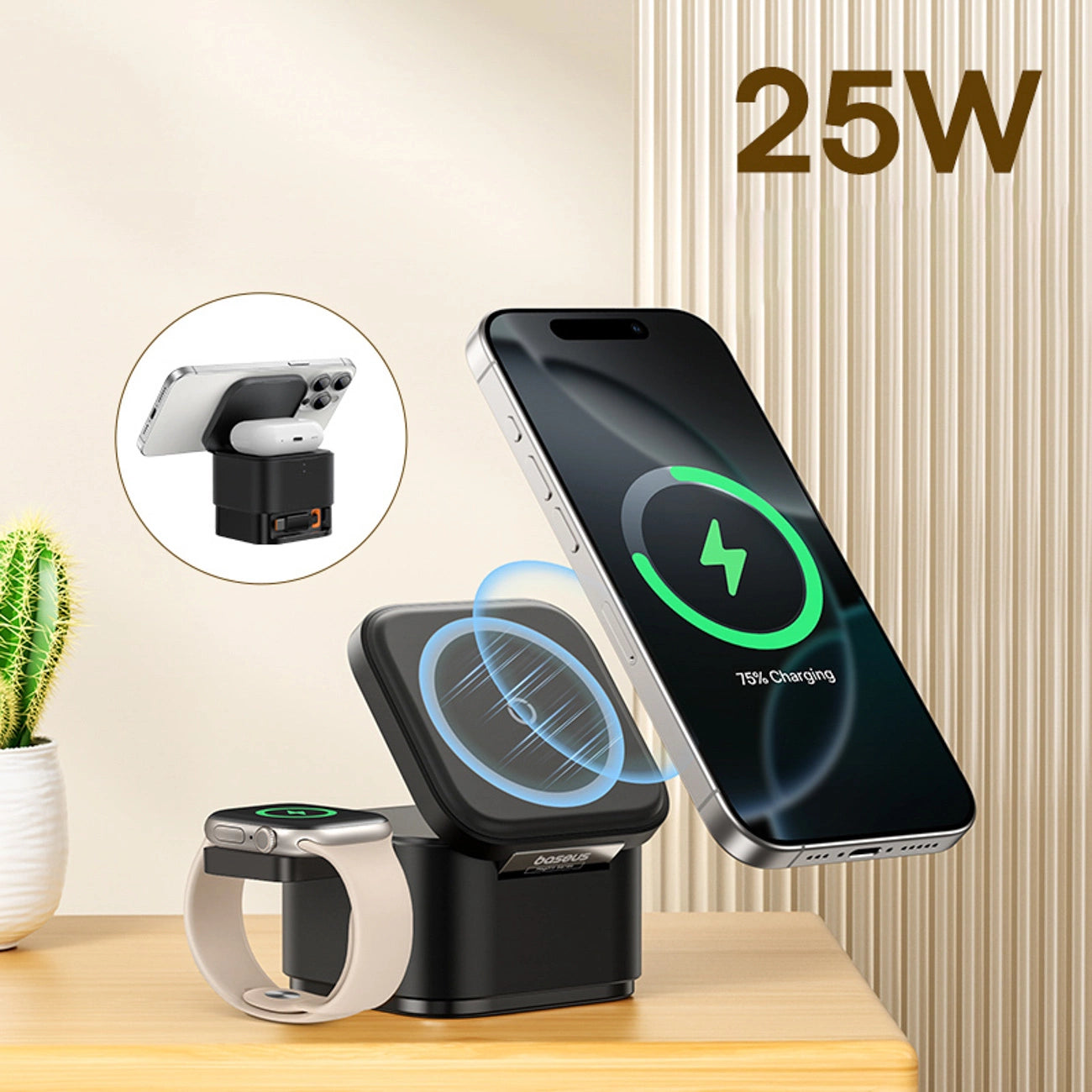 Baseus MagPro 3in1 25W MagSafe Compatible Inductive Charger for Phone and Smartwatch - Black_1
