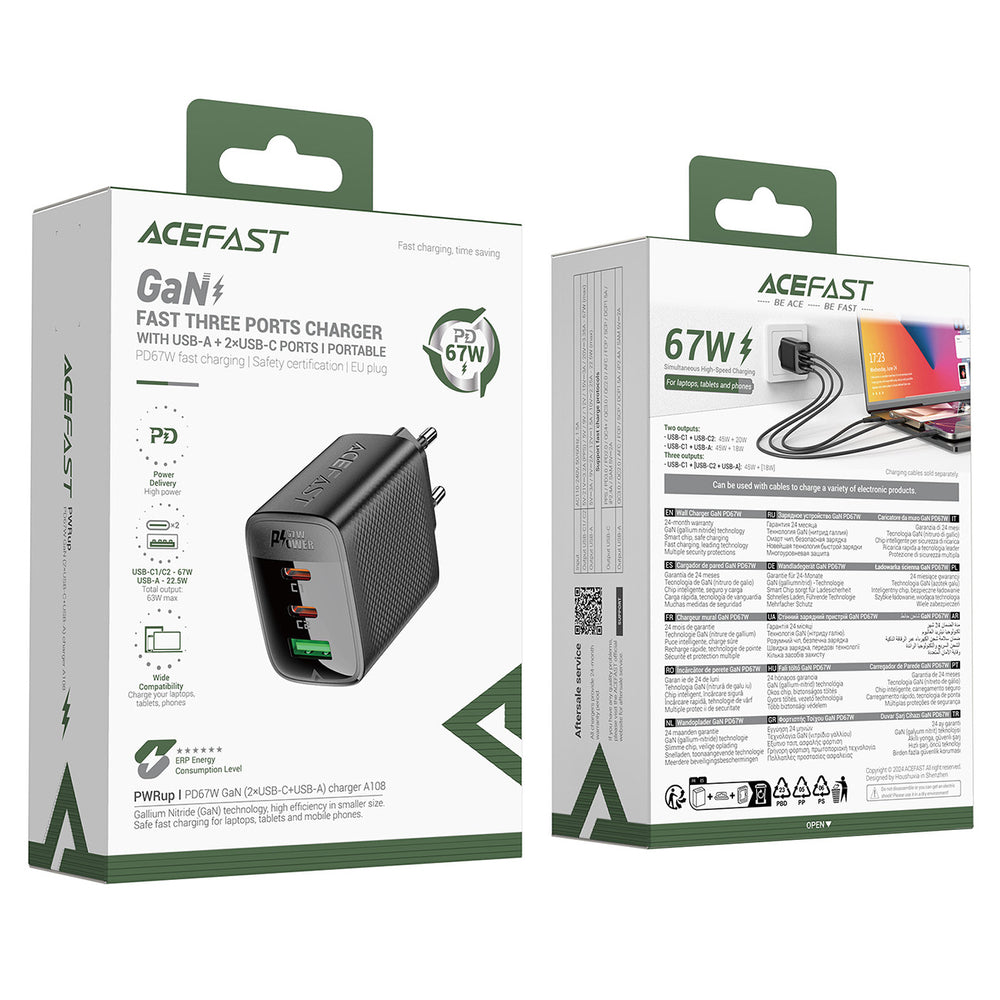 Acefast A108 GaN PD 67W 2xUSB-C 1xUSB-A Wall Charger - Black_3