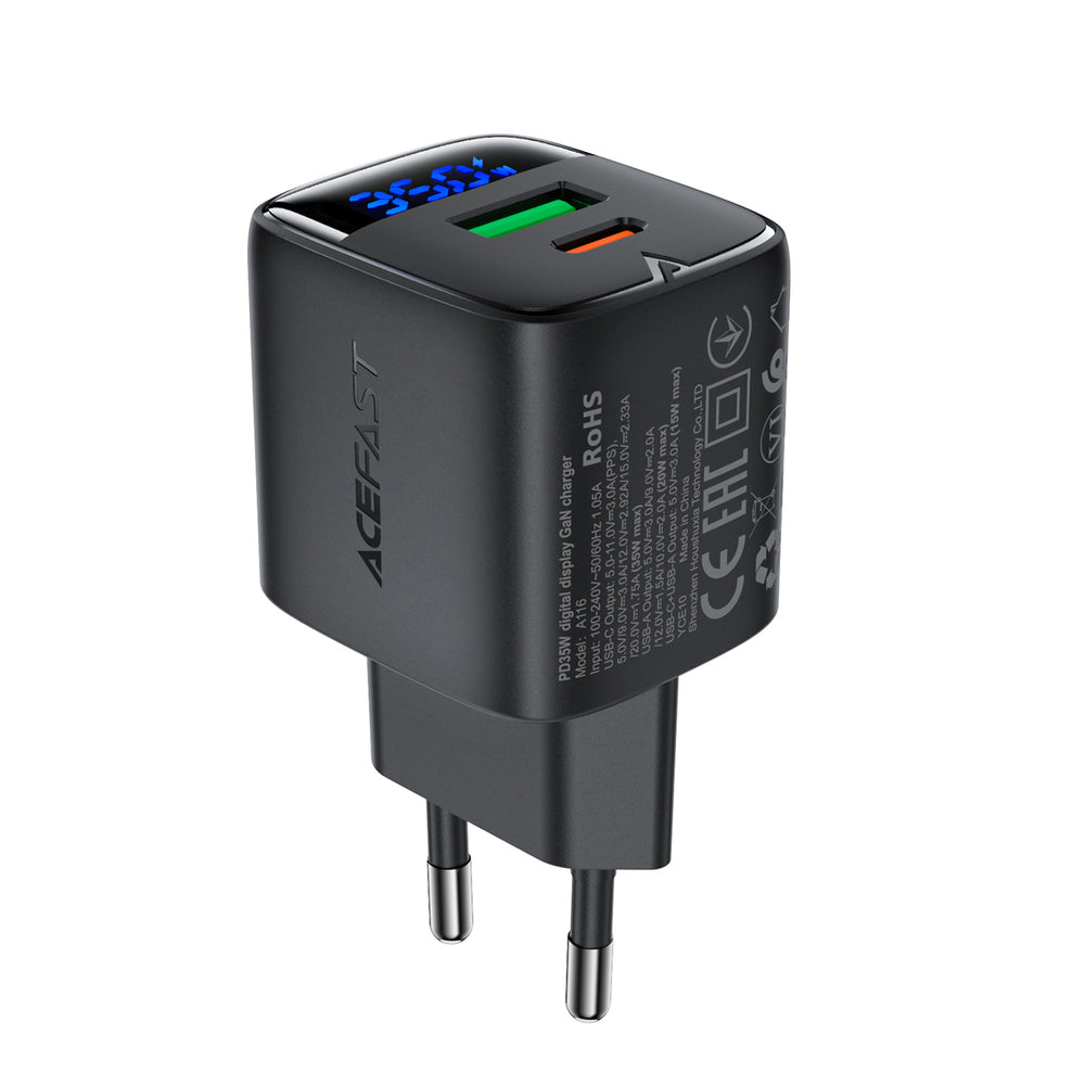 Wall Charger Acefast A116 Display, 35W, 3A, 1 x USB-A - 1 x USB-C, Black _0