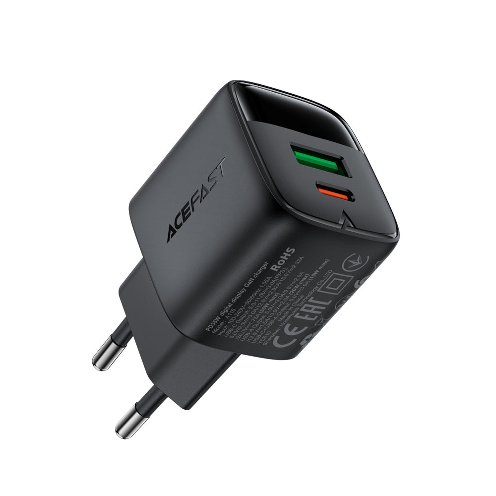 Wall Charger Acefast A116 Display, 35W, 3A, 1 x USB-A - 1 x USB-C, Black _1