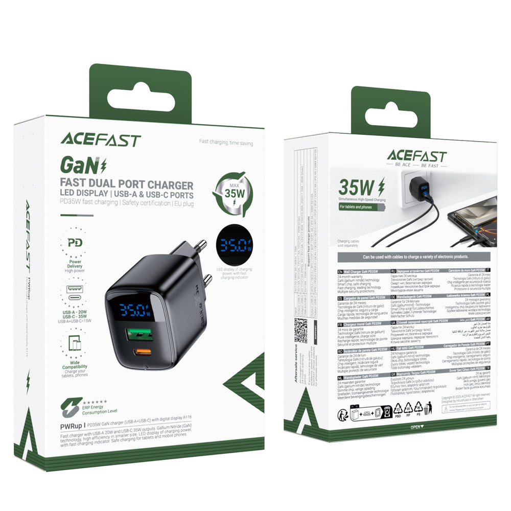 Wall Charger Acefast A116 Display, 35W, 3A, 1 x USB-A - 1 x USB-C, Black _5