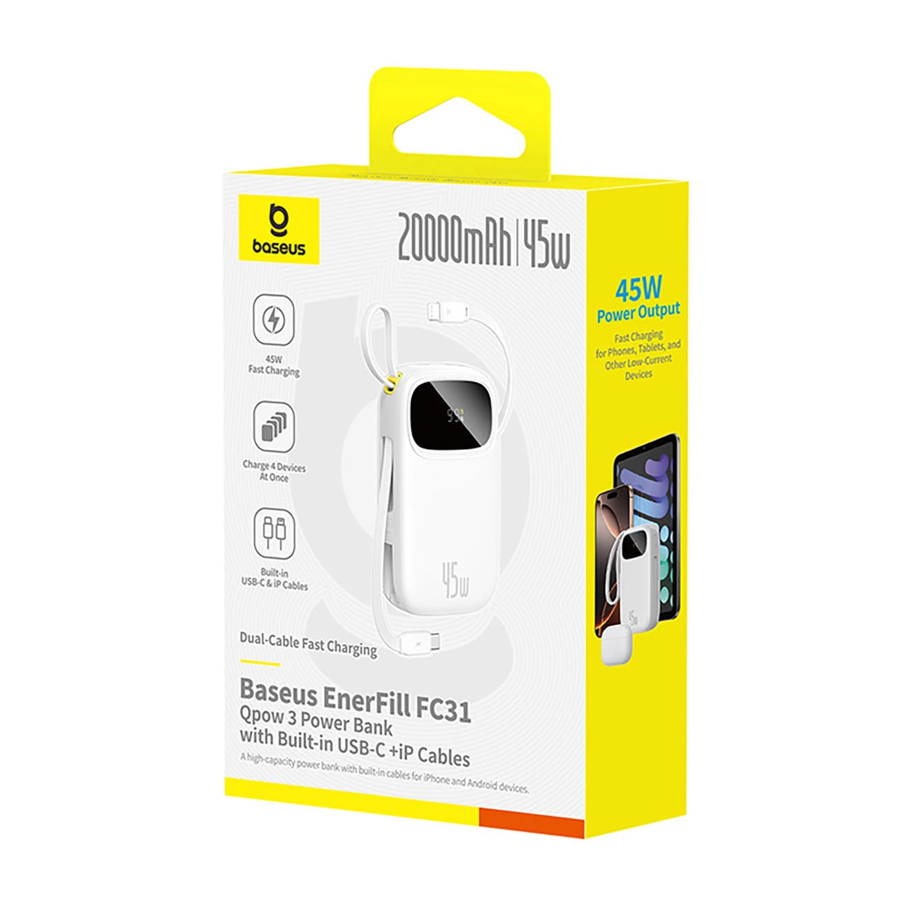Baseus EnerFill FC31 20000mAh 45W Powerbank with Digital Display and 2 Built-in Cables (USB-C + Lightning) - White_2