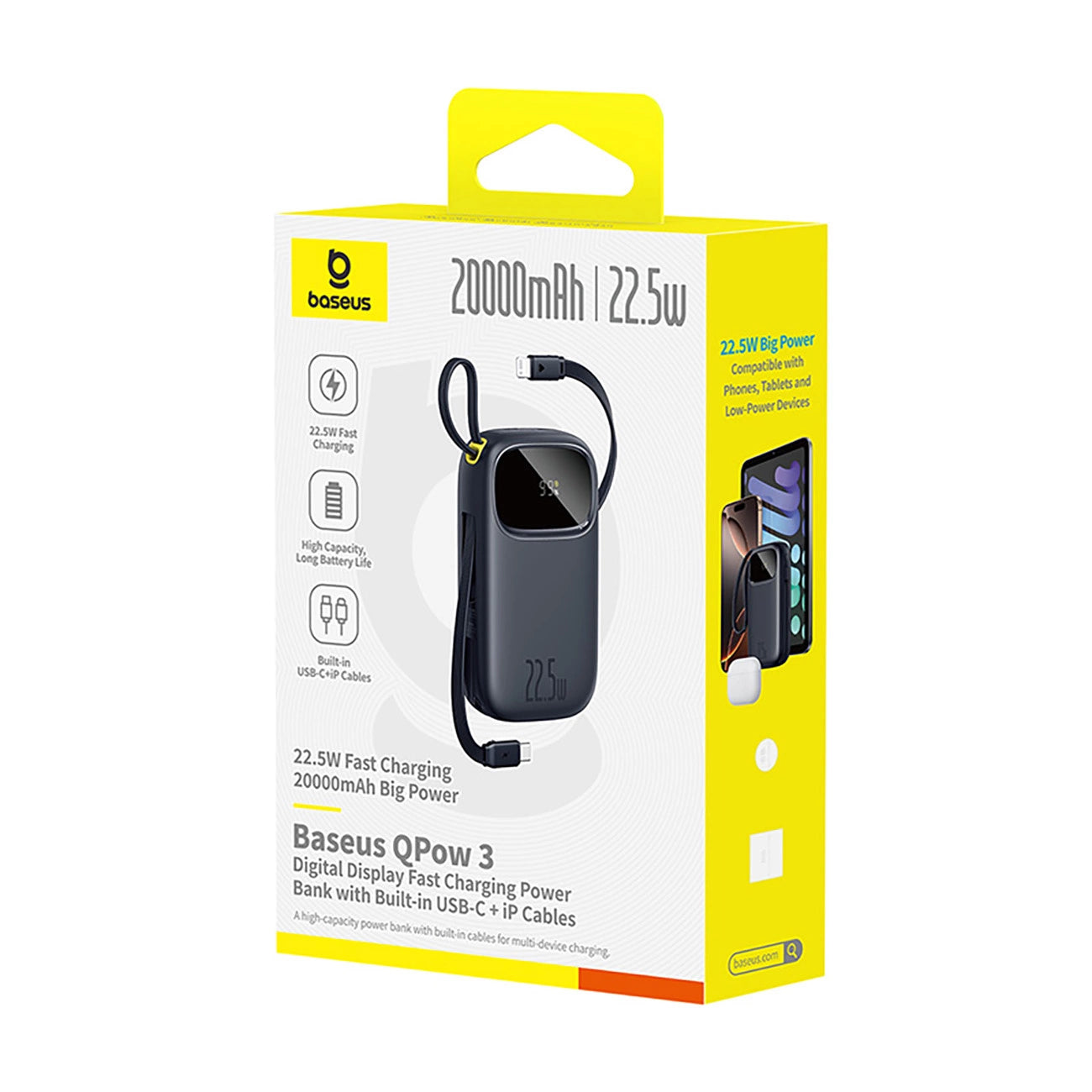 Baseus EnerFill FC31 20000mAh 22.5W Powerbank with Digital Display and 2 Built-in Cables (USB-C + Lightning) - Black_2