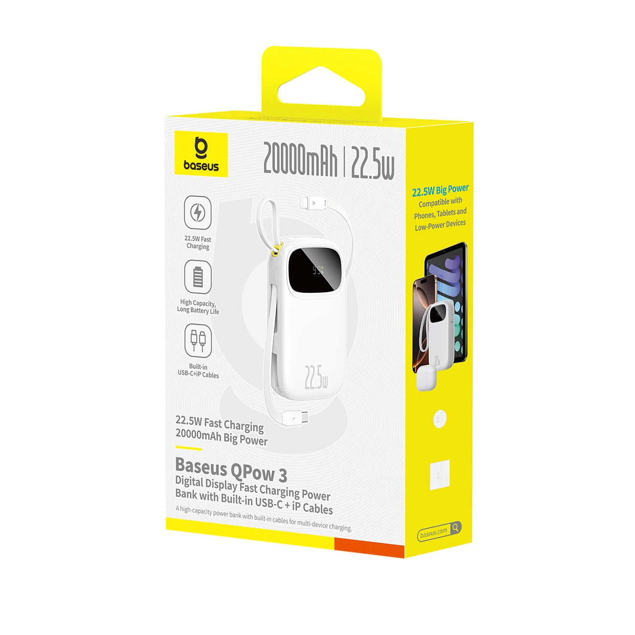 Baseus EnerFill FC31 20000mAh 22.5W Powerbank with Digital Display and 2 Built-in Cables (USB-C + Lightning) - White_3