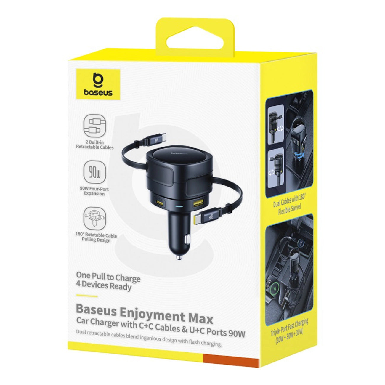 Baseus Enjoyment Max 90W Car Charger 2 x USB-C + USB-A + USB-C Cable - Black_8