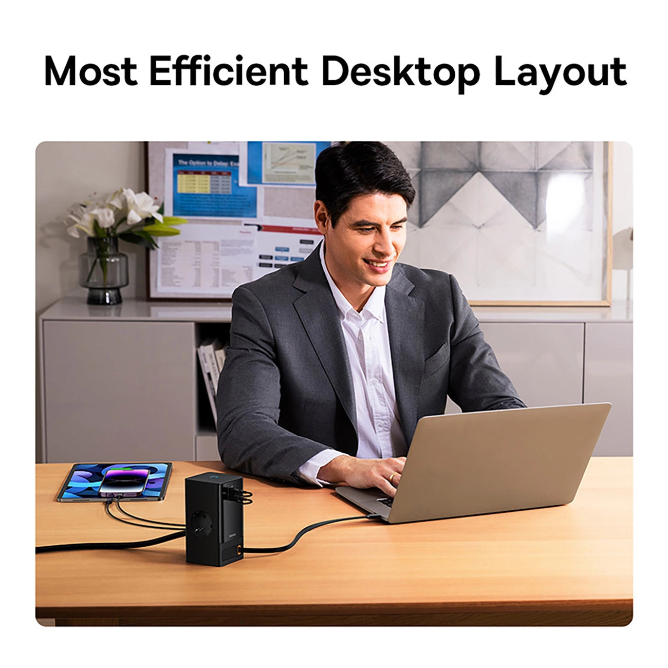 Baseus PowerCombo Charging Station 65W 1.5m 2 x EU + USB-A + USB-C + Retractable USB-C Cable - Black_7