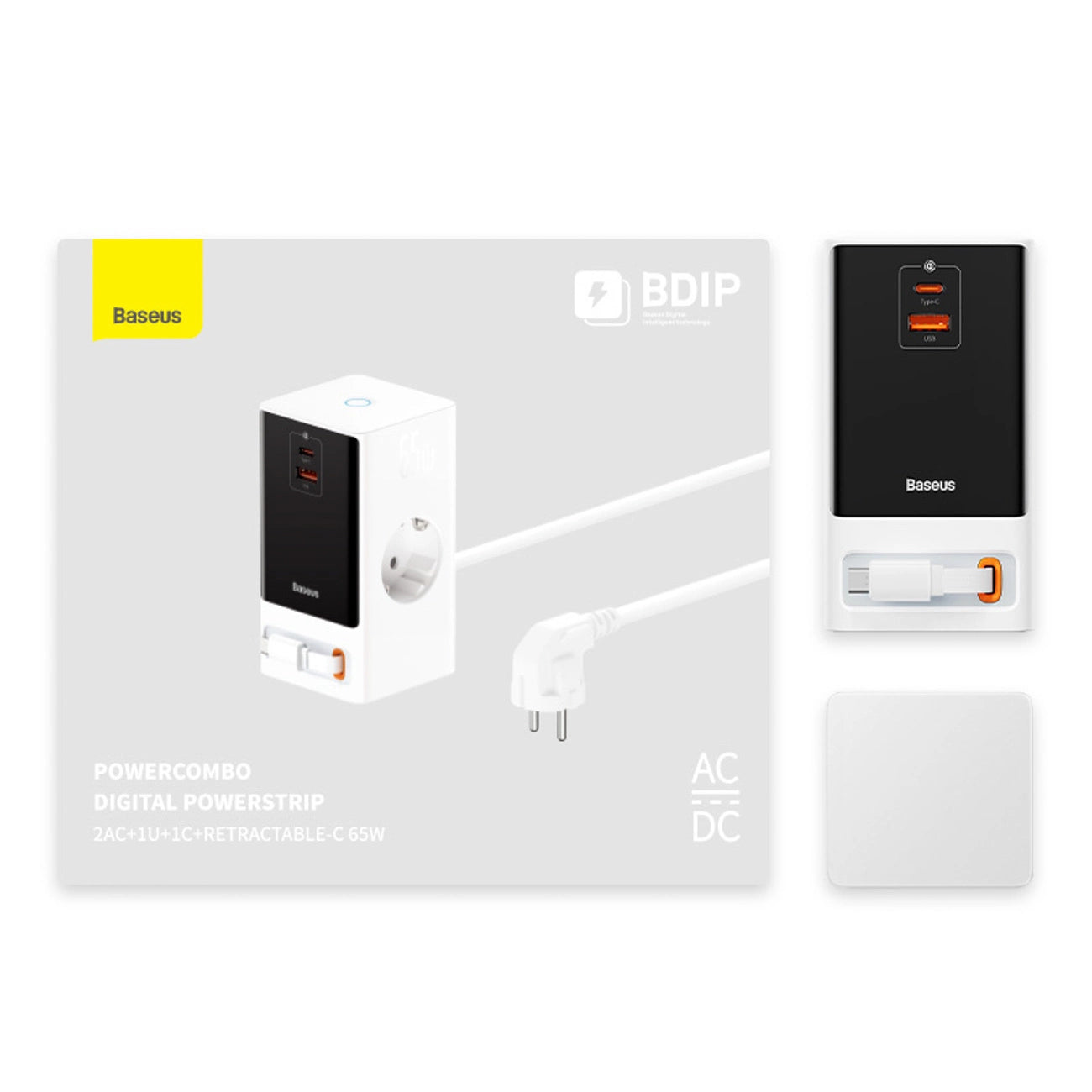 Baseus PowerCombo Charging Station 65W 1.5m 2 x EU + USB-A + USB-C + Retractable USB-C Cable - White_7
