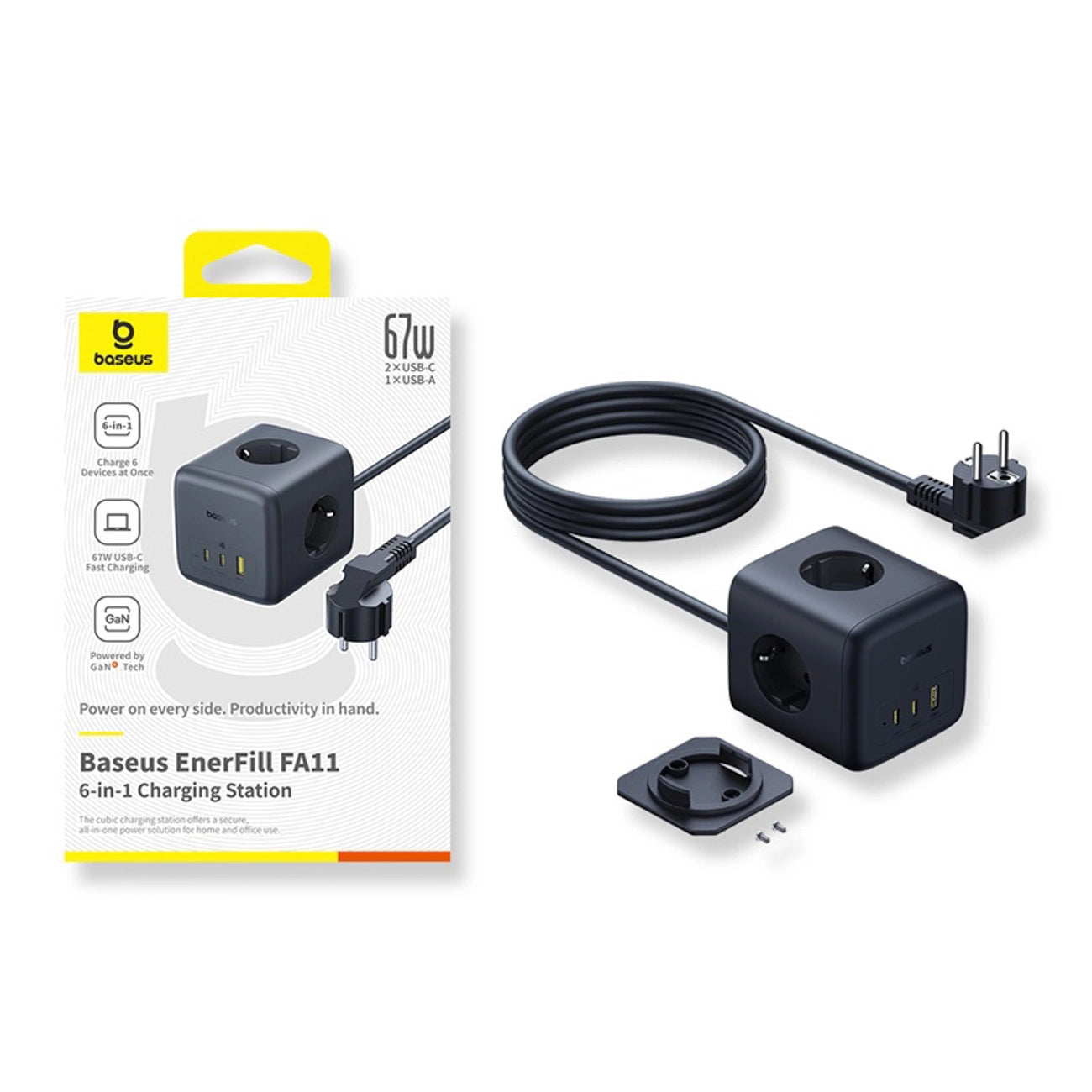 Baseus EnerFill FA11 67W Power Strip, USB-A + USB-C Cube + 3 x EU Socket 1.5m - Black_4
