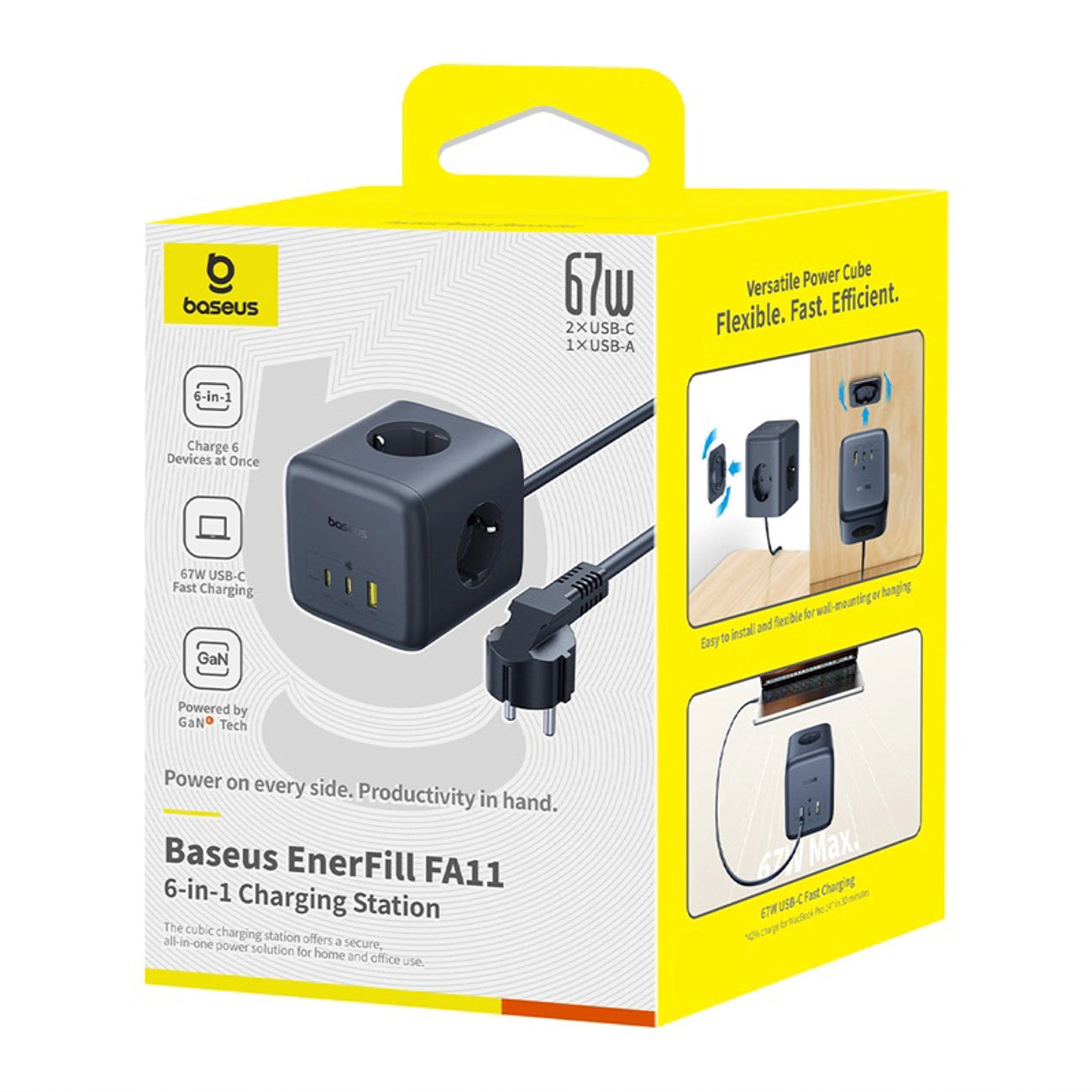 Baseus EnerFill FA11 67W Power Strip, USB-A + USB-C Cube + 3 x EU Socket 1.5m - Black_7