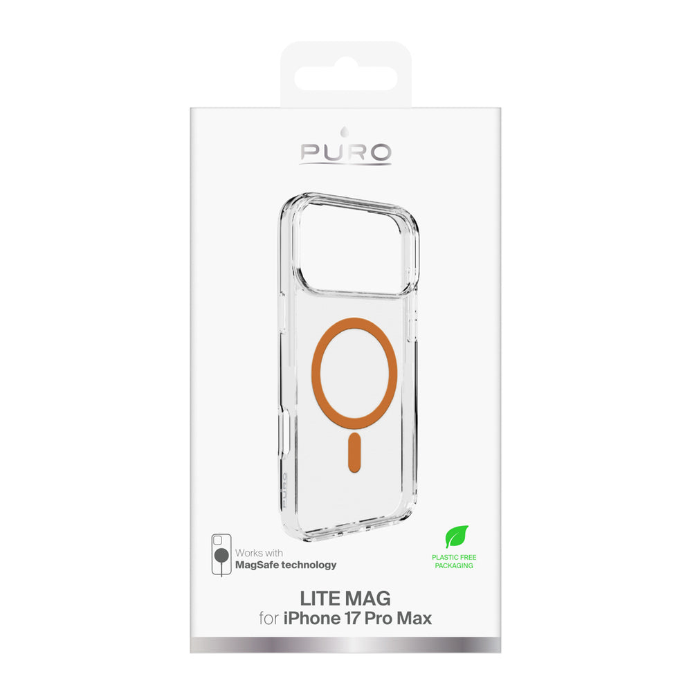 Puro Lite Mag TPU+PC Case Compatible with MagSafe for iPhone 17 Pro Max - Transparent with Orange Ring_1
