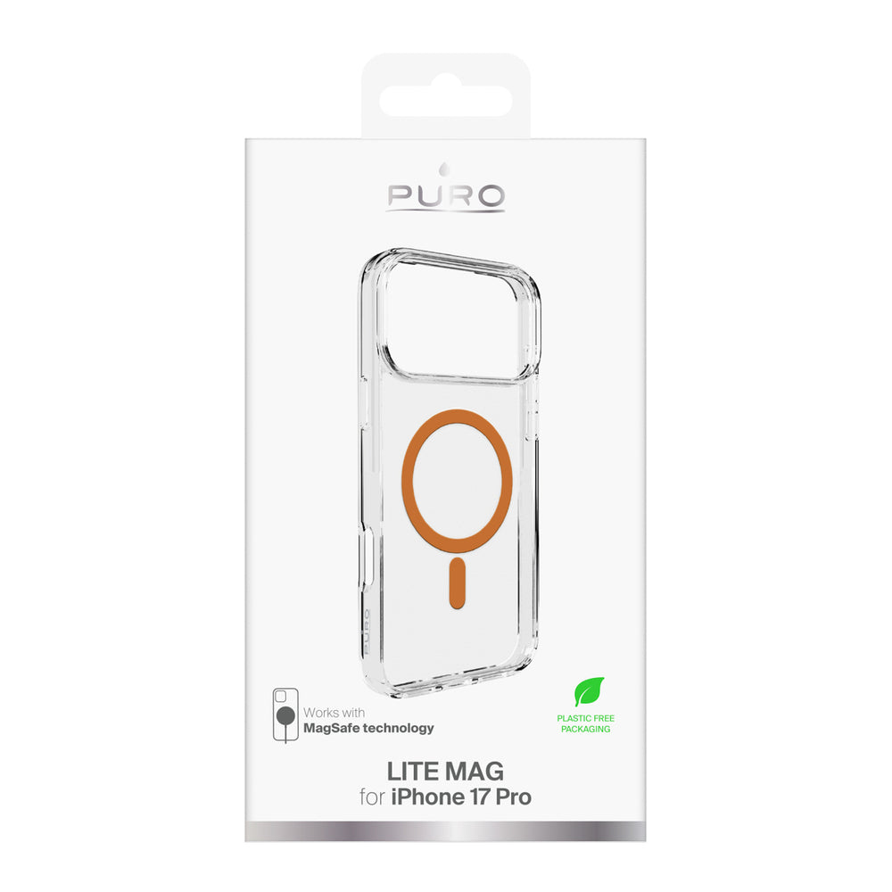 Puro Lite Mag TPU+PC Case Compatible with MagSafe for iPhone 17 Pro - Transparent with Orange Ring_1