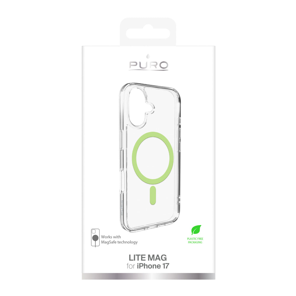 Puro Lite Mag TPU+PC Case Compatible with MagSafe for iPhone 17 - Transparent with Green Ring_1