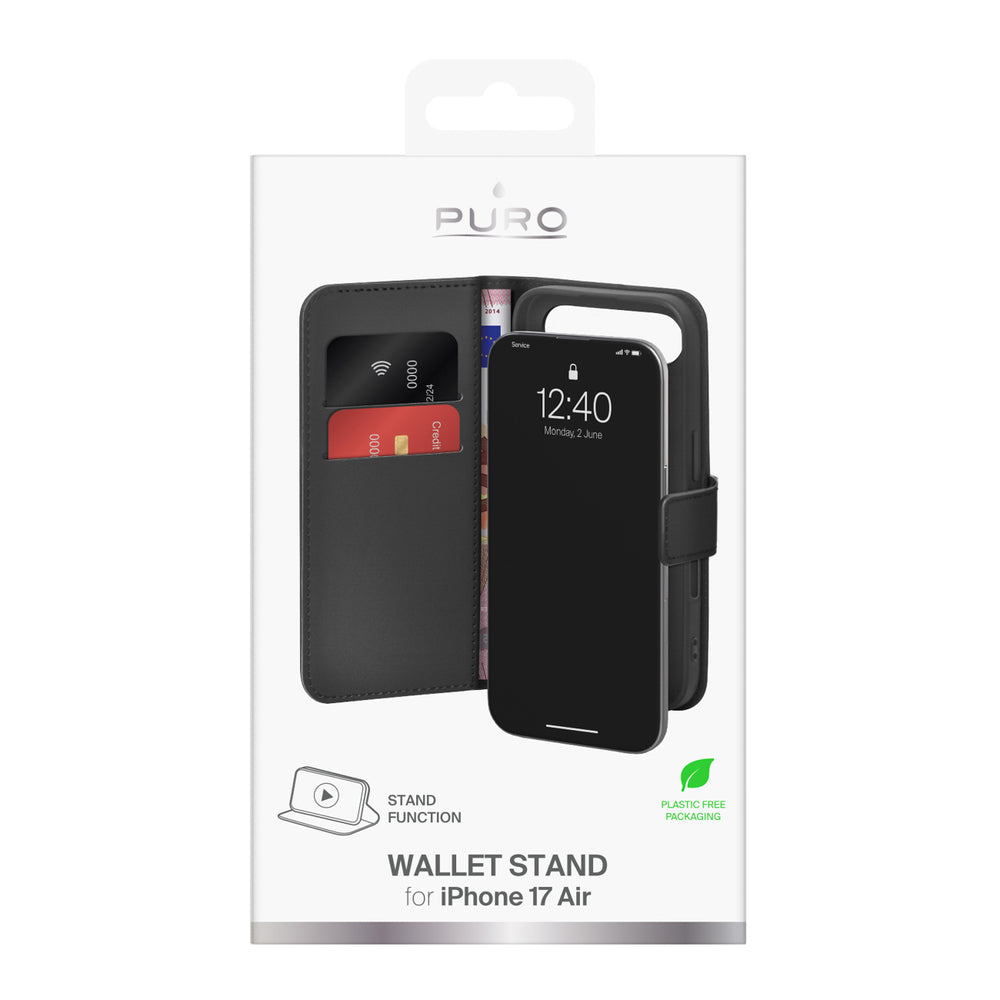 Puro Wallet Stand Case for iPhone 17 Air made of eco-leather, with a flap, wallet and stand function - black_1
