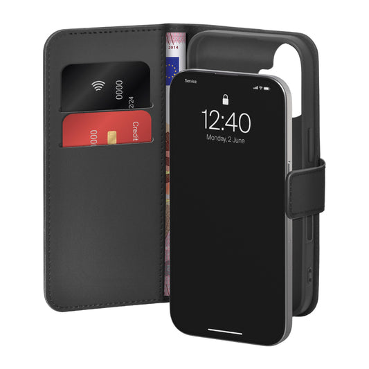 Puro Wallet Stand case for iPhone 17 made of eco-leather, with a flap, wallet and stand function - black_0