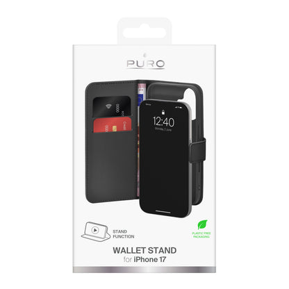 Puro Wallet Stand case for iPhone 17 made of eco-leather, with a flap, wallet and stand function - black_1