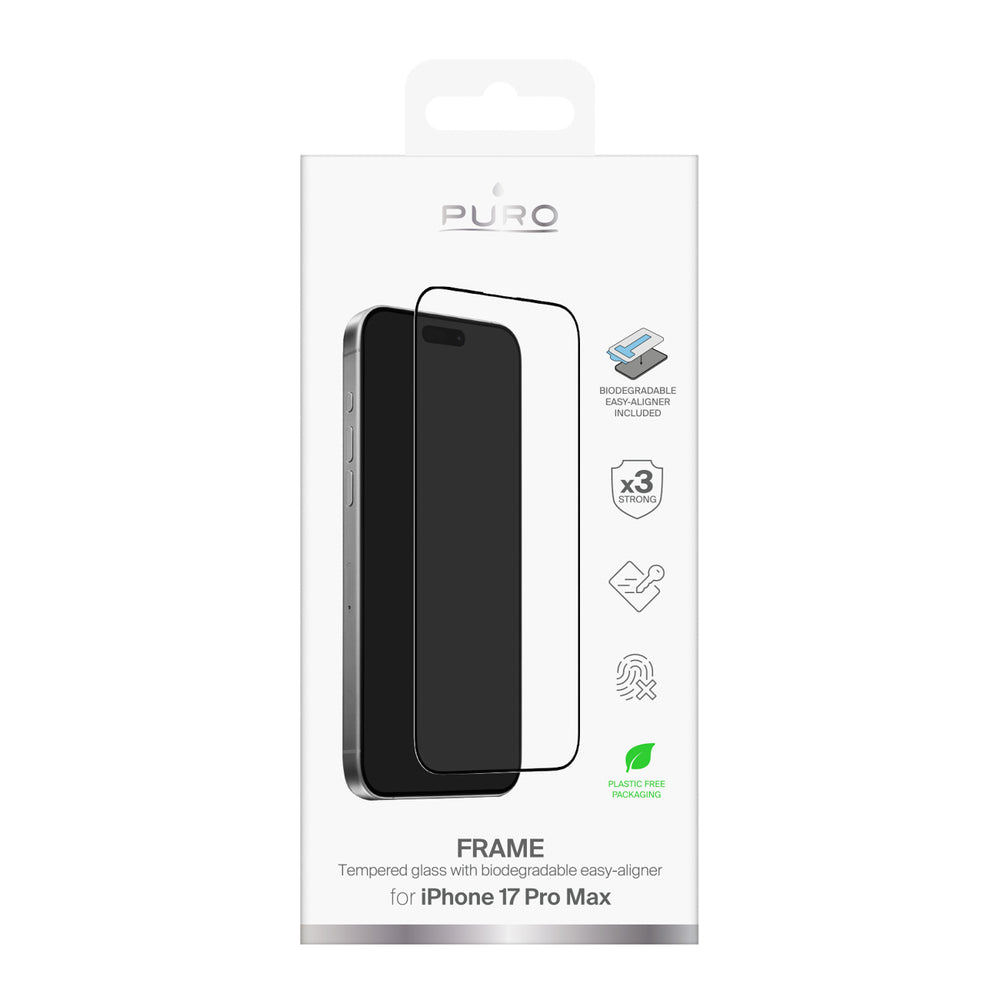 Puro Frame Tempered Glass for iPhone 17 Pro Max with Applicator and Black Frame_1