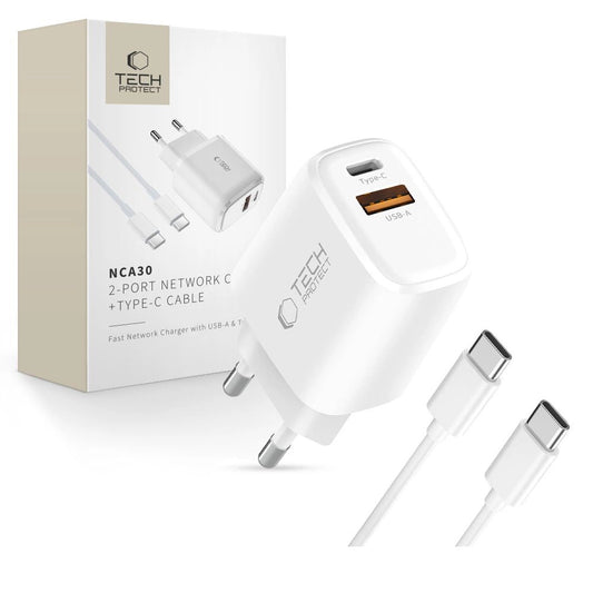 Tech-Protect NCA30 PD 30W QC3.0 USB-A / USB-C Wall Charger + USB-C / USB-C Cable 100cm - White_0