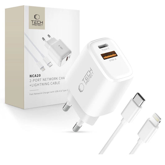 Tech-Protect NCA20 PD 20W QC3.0 USB-A / USB-C Wall Charger + USB-C / Lightning Cable 100cm - White_0