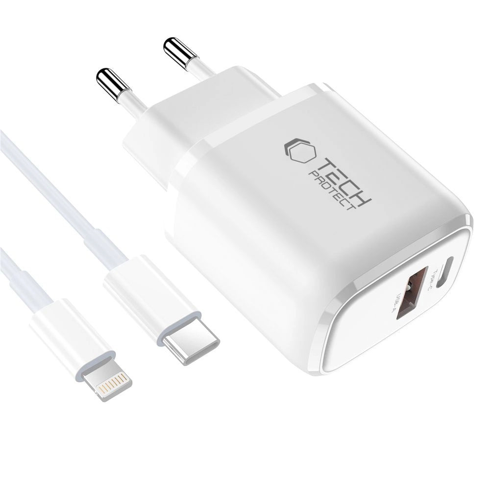 Tech-Protect NCA20 PD 20W QC3.0 USB-A / USB-C Wall Charger + USB-C / Lightning Cable 100cm - White_2