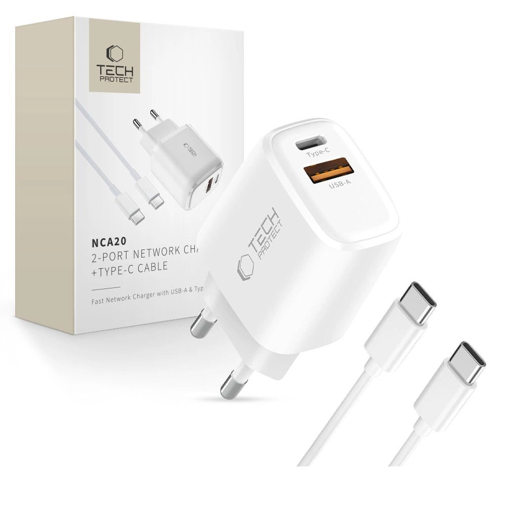 Tech-Protect NCA20 PD 20W QC3.0 USB-A / USB-C Wall Charger + USB-C / USB-C Cable 100cm - White_0