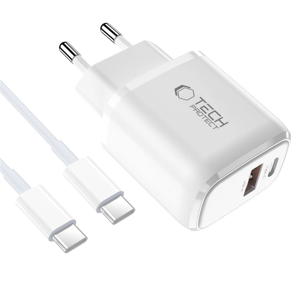 Tech-Protect NCA20 PD 20W QC3.0 USB-A / USB-C Wall Charger + USB-C / USB-C Cable 100cm - White_2