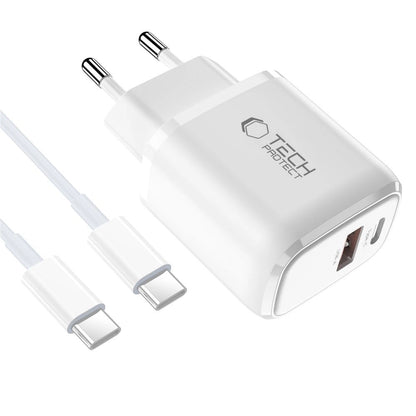 Tech-Protect NCA20 PD 20W QC3.0 USB-A / USB-C Wall Charger + USB-C / USB-C Cable 100cm - White_2