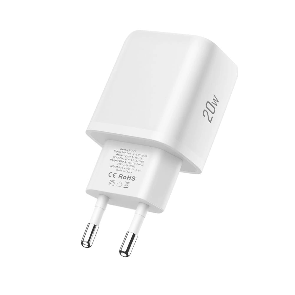 Tech-Protect NCA20 PD 20W QC3.0 USB-A / USB-C Wall Charger + USB-C / USB-C Cable 100cm - White_4