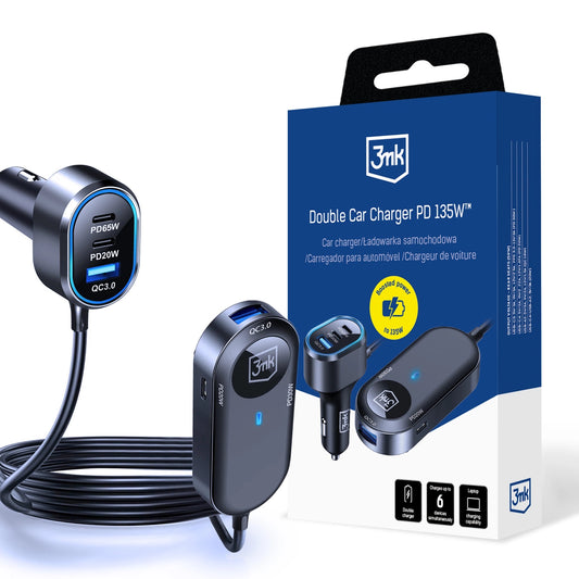 3mk Double Car Charger 135W PD QC PPS USB-C USB-A - Black_0