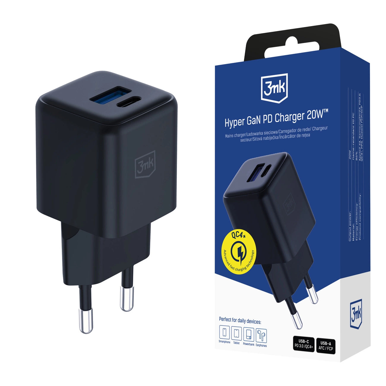 3mk Hyper GaN Charger 20W QC4+ PD PPS USB-C USB-A Wall Charger - Black_0