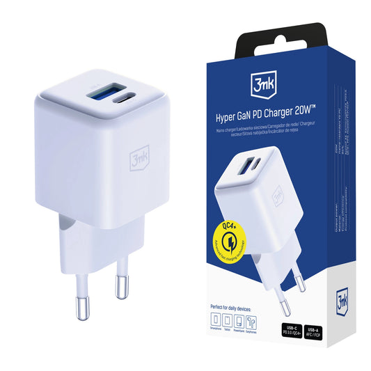 3mk Hyper GaN Charger 20W QC4+ PD PPS USB-C USB-A Wall Charger - White_0