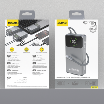 Powerbank Dudao K31 Pro 45W 20000mAh z wbudowanym zwijanym kablem USB-C - szary_1