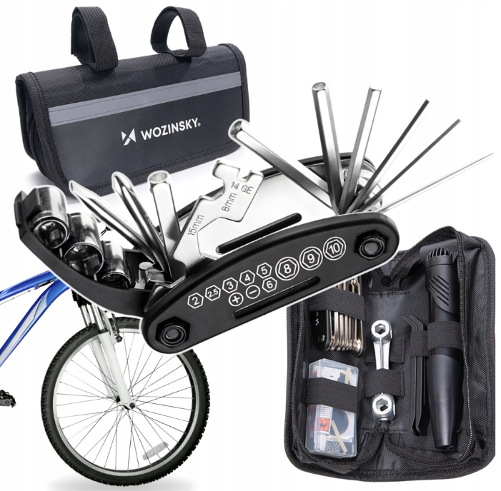 Wozinsky WMZ-01N tool kit, 16-in-1 bicycle multitool, pump, wrenches, inner tube kit - black_16