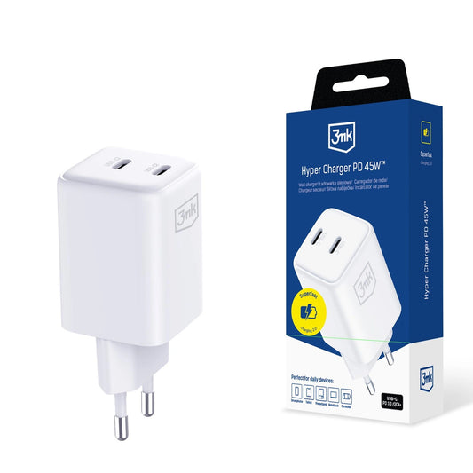 3mk Hyper Charger PD 45W QC4+ PPS 2C Super-Fast Charge 2.0 Wall Charger - White_0