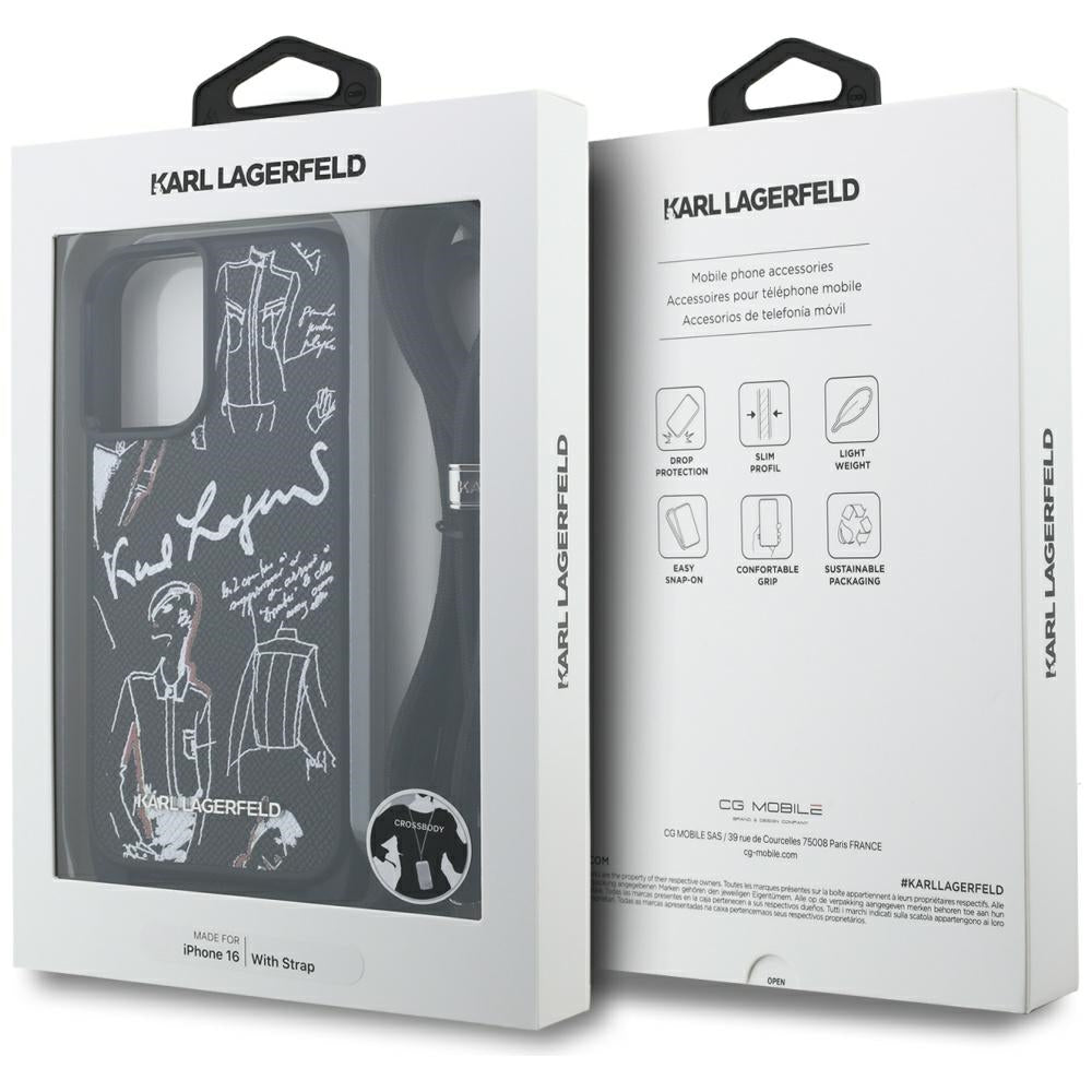 Karl Lagerfeld Crossbody Grained Pattern &amp; Logo Case for iPhone 16 - Black_6