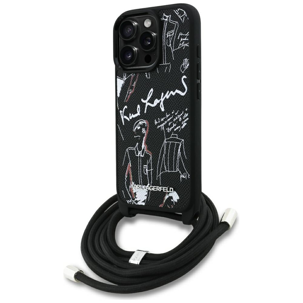 Karl Lagerfeld Crossbody Grained Pattern &amp; Logo Case for iPhone 16 Pro - Black_0