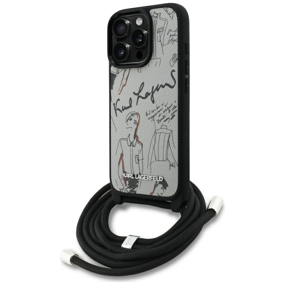 Karl Lagerfeld Crossbody Grained Pattern &amp; Logo Case for iPhone 16 Pro Max - Gray_0