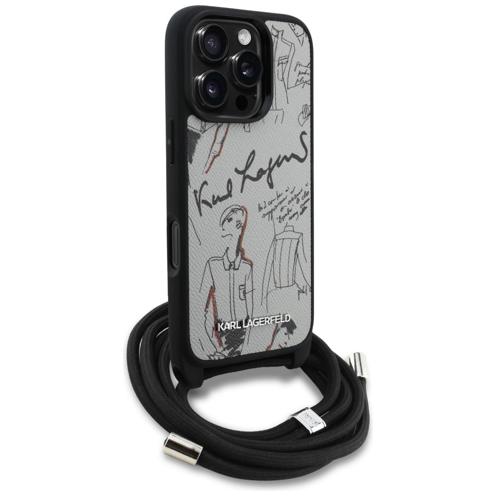 Karl Lagerfeld Crossbody Grained Pattern &amp; Logo Case for iPhone 16 Pro - Gray_2