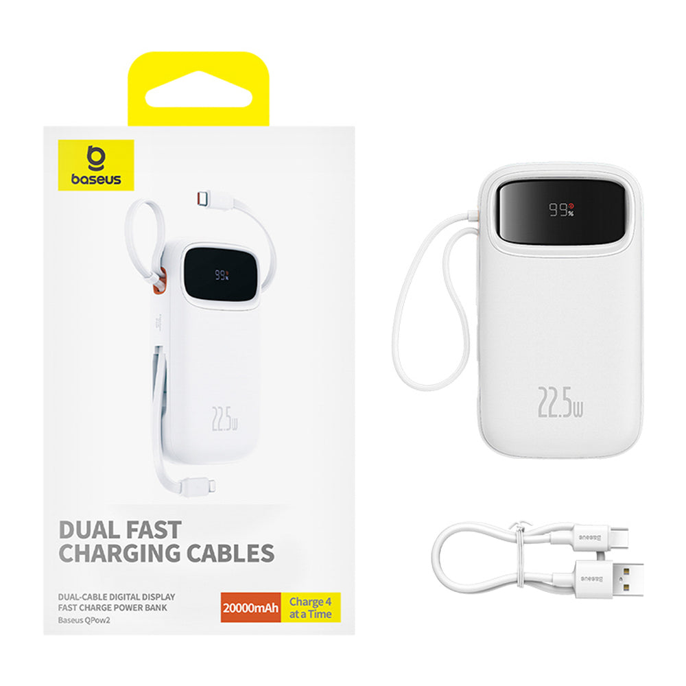 Baseus Qpow2 20000mAh 22.5W Powerbank with Dual Cable with Digital Display + Baseus Simple USB-C 3A Cable 0.3m (White) - White_7