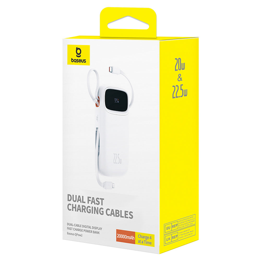 Baseus Qpow2 20000mAh 22.5W Powerbank with Dual Cable with Digital Display + Baseus Simple USB-C 3A Cable 0.3m (White) - White_8