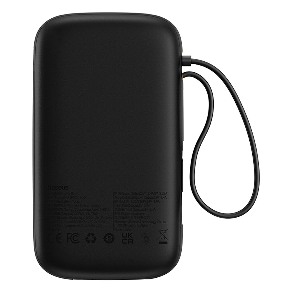 Baseus Qpow2 20000mAh 22.5W Powerbank with Dual Cable with Digital Display + Baseus Simple USB-C 3A Cable 0.3m (Black) - Black_1