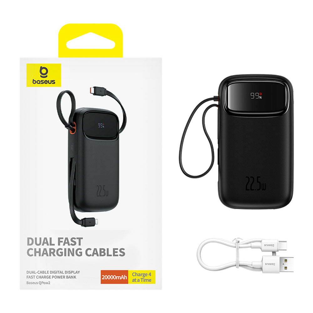Baseus Qpow2 20000mAh 22.5W Powerbank with Dual Cable with Digital Display + Baseus Simple USB-C 3A Cable 0.3m (Black) - Black_7