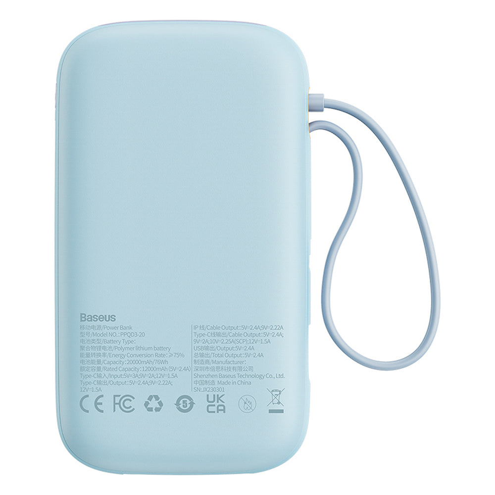 Baseus Qpow2 20000mAh 22.5W Powerbank with Dual Cable with Digital Display + Baseus Simple USB-C 3A Cable 0.3m (White) - Blue_1