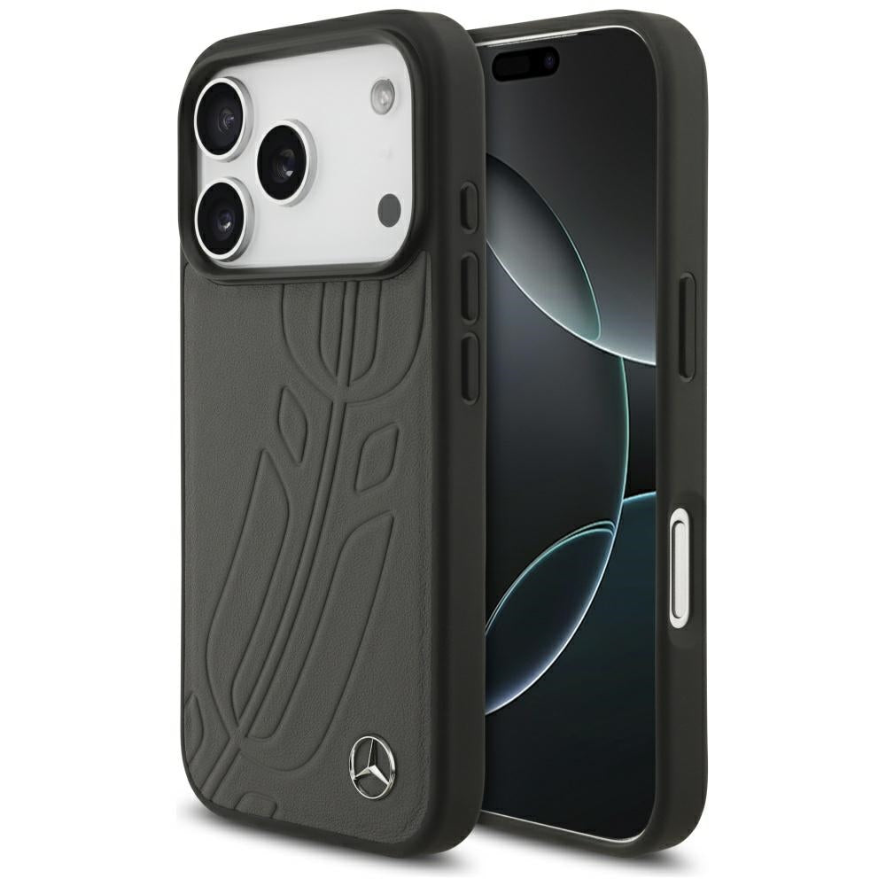 Mercedes Leather Large Laurel Leave MagSafe Case for iPhone 17 Pro - Black and Gray_0