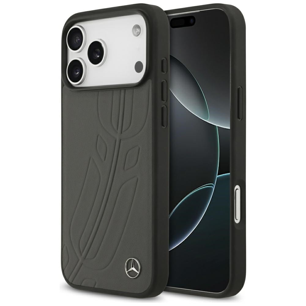 Mercedes Leather Large Laurel Leave MagSafe Case for iPhone 17 Pro Max - Black and Gray_0