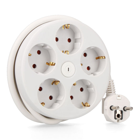 Prolongador redondo com 5 tomadas 2p+t schuko, com interruptor, 16 a 250 v, 1,5 m de cabo h05vv-f 3g1.5 mmÂ², branco_0