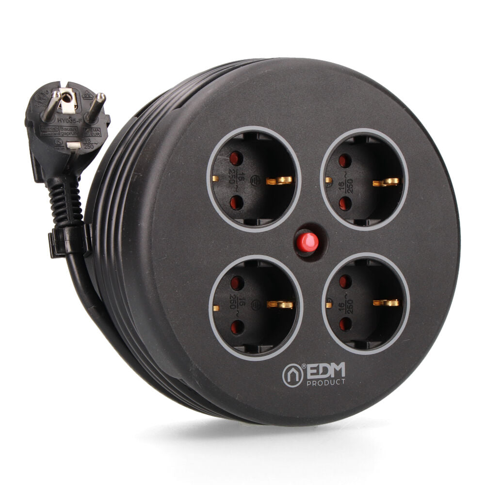 Enrolador de cabos com 4 tomadas 2p+t schuko, com proteÃ§Ã£o, 16 a 250 v, cabo h05vv-f 3g1,5mmÂ² de 5 m, preto_0