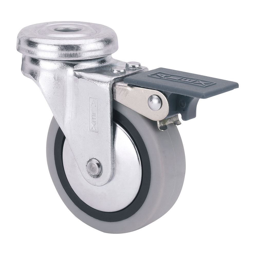 Roda giratÃ³ria em borracha com furo, travÃ£o e eixo liso, cor cinza, mÃ¡x. carga 17 kg, Ã¸ 4 cm_0