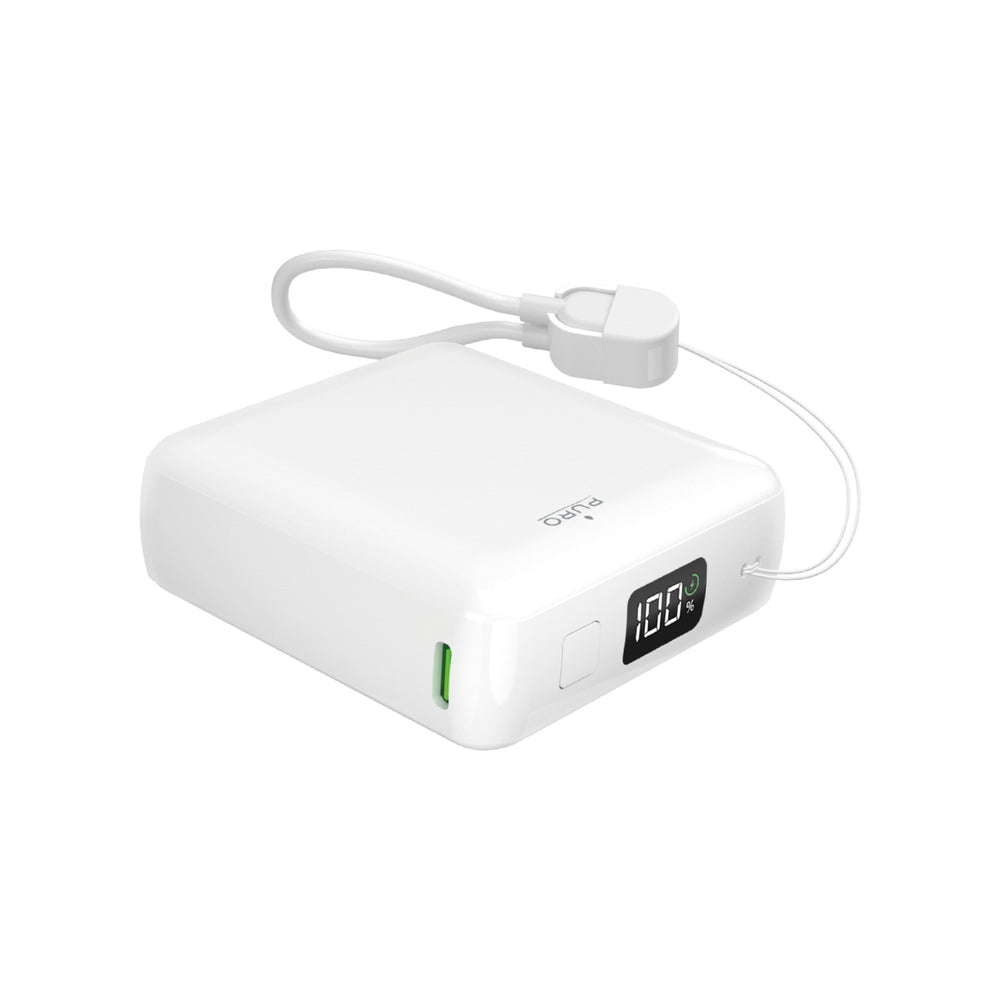 Puro 10000mAh 20W USB-C USB-A Power Bank with Display and Built-in USB-C Cable - White_0