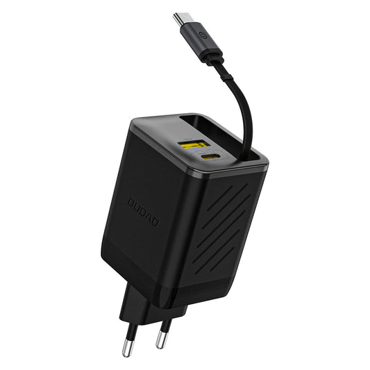 Dudao A67EU GaN 67W Wall Charger with Built-in Retractable USB-C Power Delivery Quick Charge Cable - Black_0